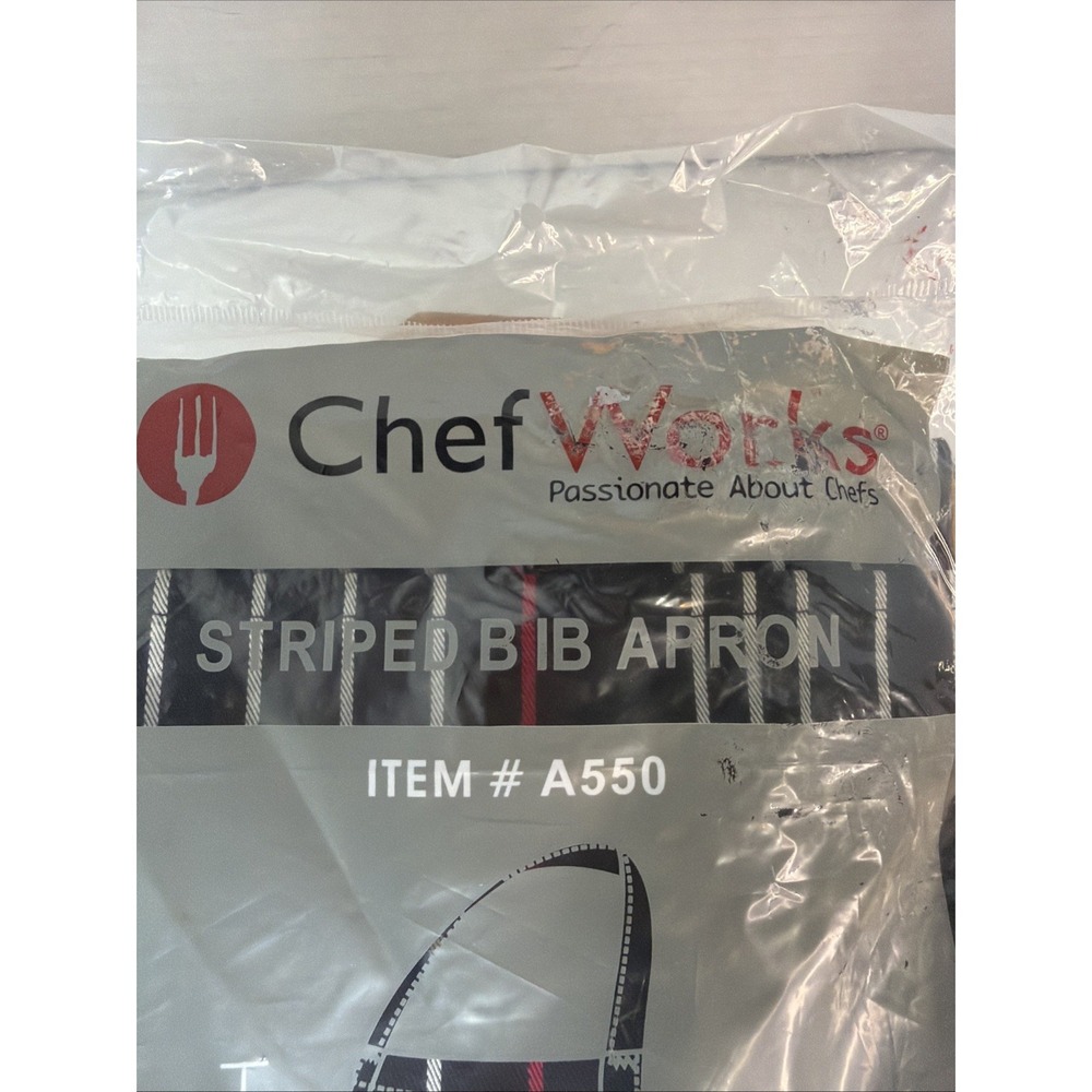 Chef Works Unisex Striped Bib Apron One Size Blk W/ Wht & Red - Picture 4 of 7